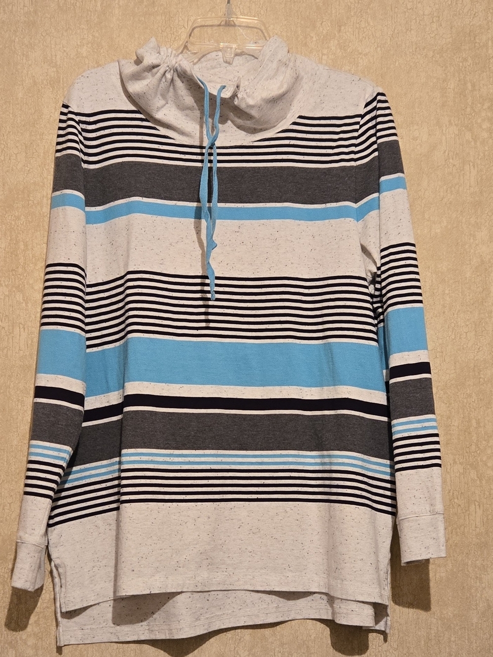 Talbots Striped Cowl Neck Sweater - Light Blue, Charcoal, Black, Heathered White